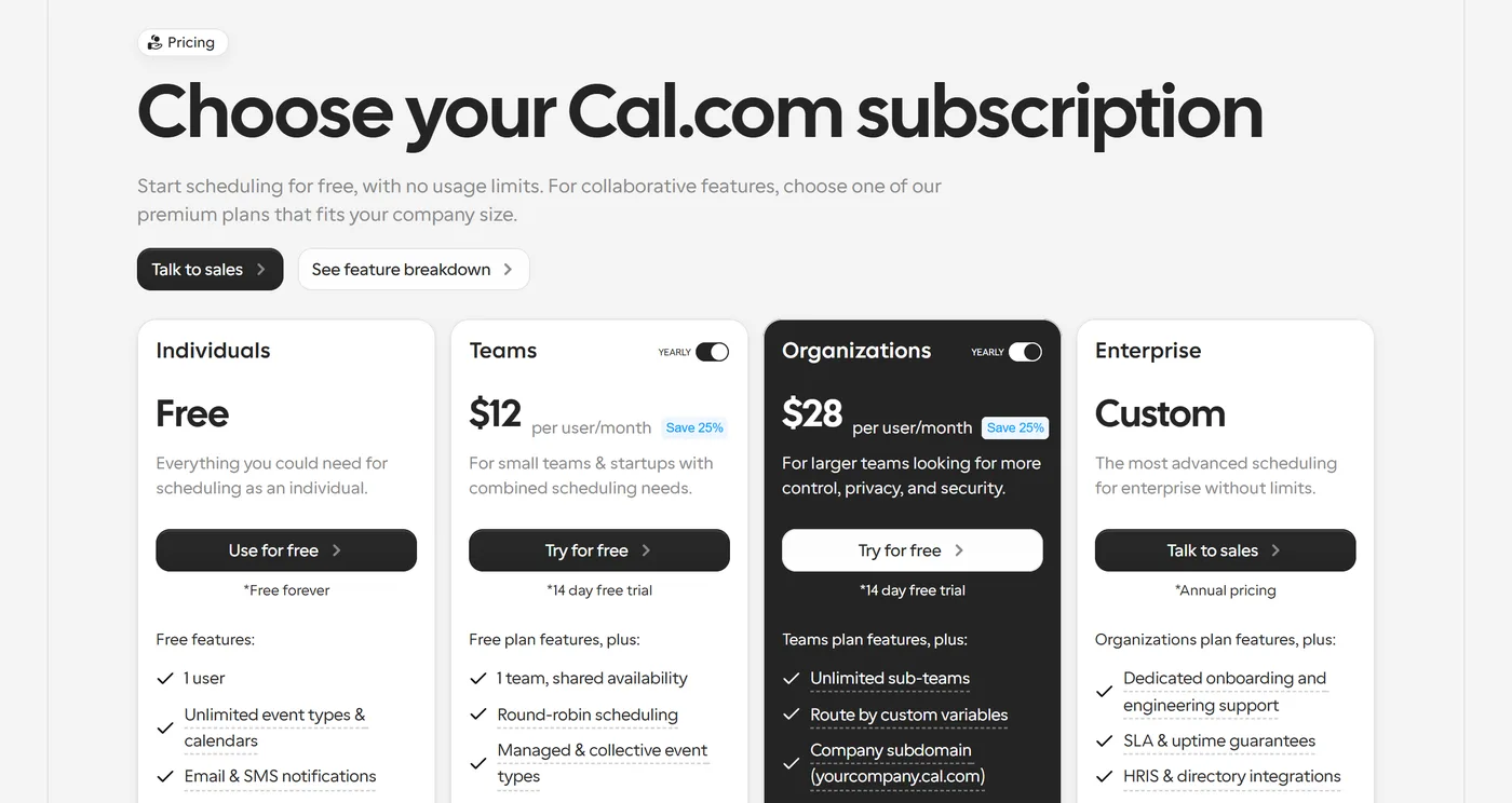 Page des prix de Cal.com : plan Individuals gratuit, Teams à 12 dollars, Organizations à 28 dollars