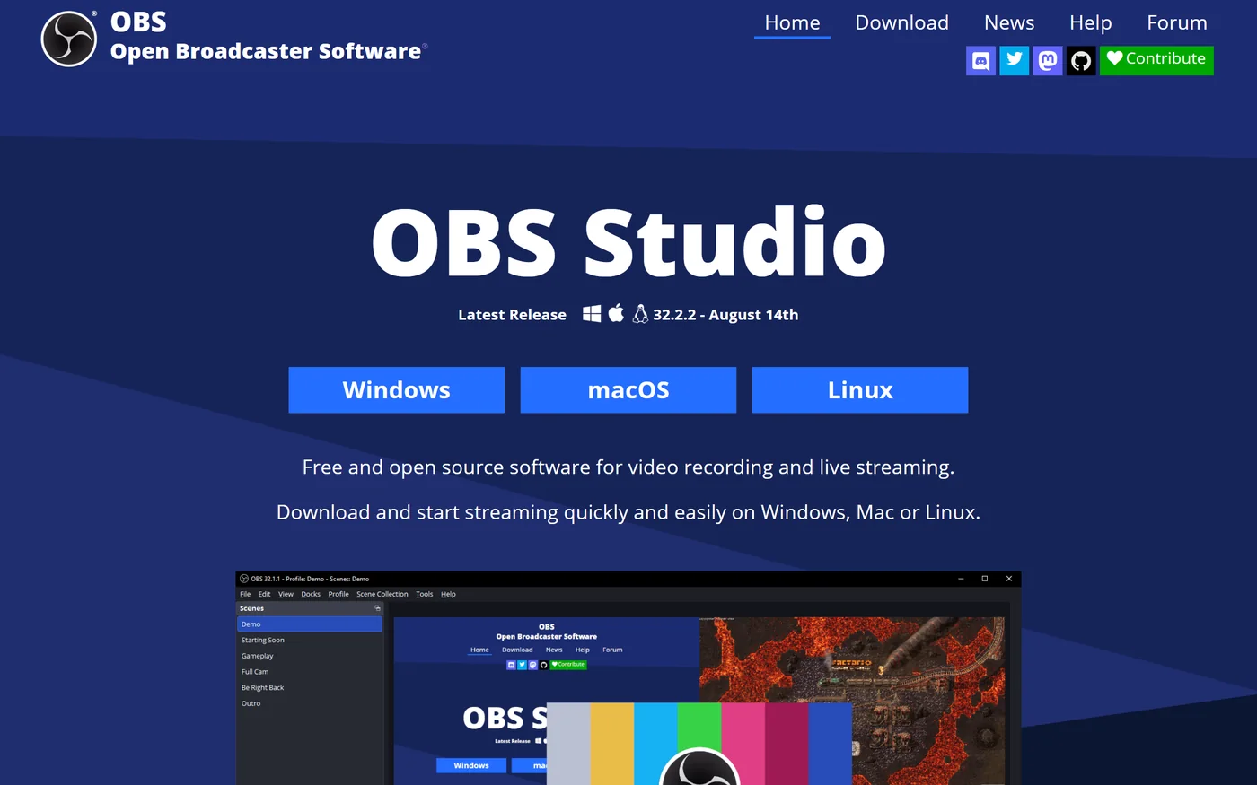 Page d'accueil d'OBS Studio avec les boutons Windows, macOS et Linux