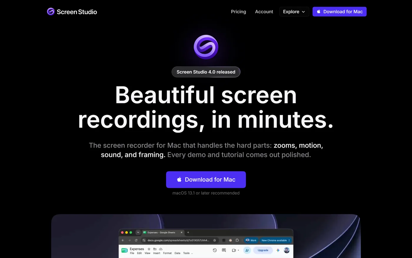 Page d'accueil de Screen Studio : « The screen recorder for Mac », bouton Download for Mac